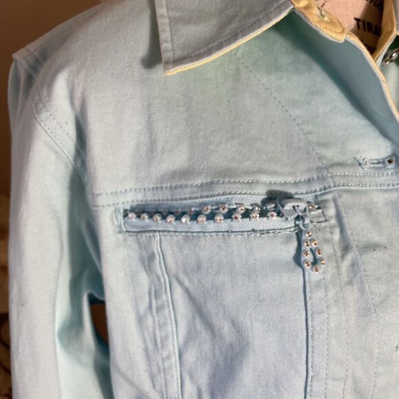 Quacker Factory Jeweled Raw Hem Distressed Blue Jean Denim Shirt Jacket Women S - Picture 6 of 10
